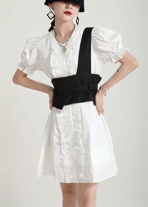 Modern White Puff Sleeve Button Summer Ruffled Dress Short Sleeve