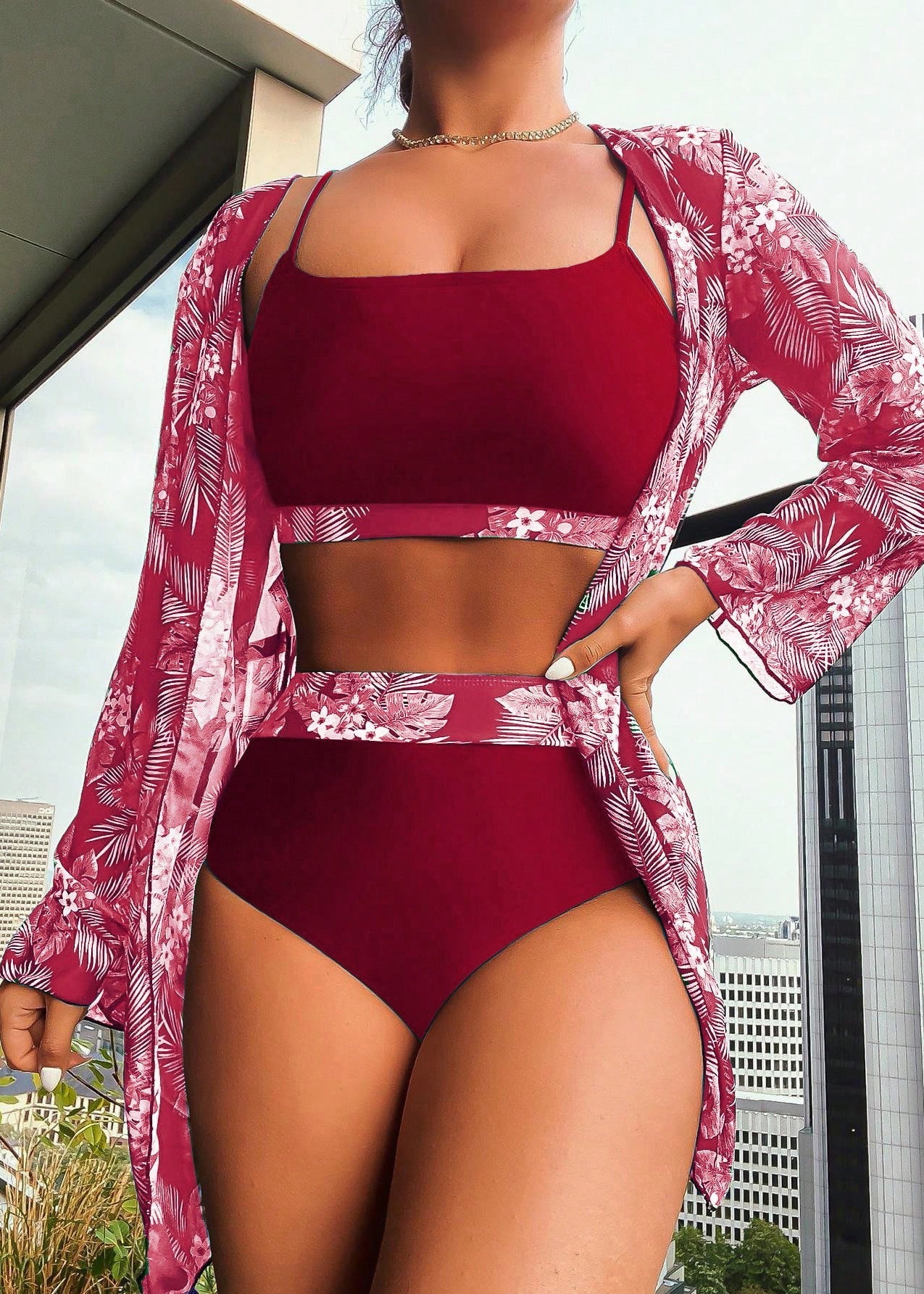 Brown V-neck Print Patchwork Swimwear Three Pieces Set