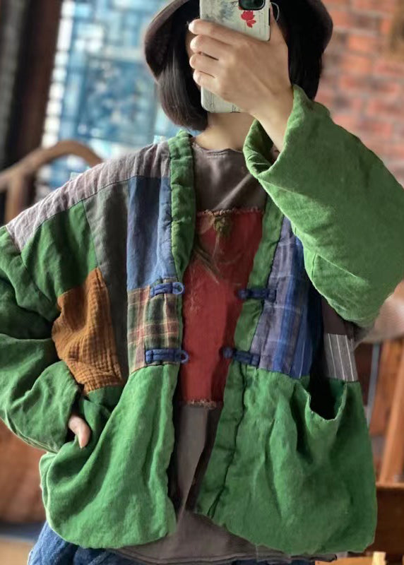 Green V Neck Pockets Patchwork Fine Cotton Filled Jackets Winter