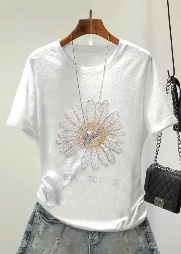 Daisy Zircon O Neck Cotton T Shirts Summer