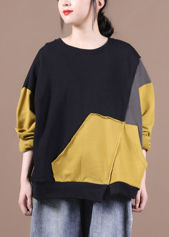 Black Patchwork Yellow Loose Fall Sweatshirt Street Wear