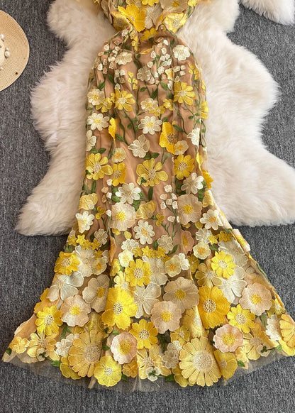 Fitted Yellow Embroidered Tulle Long Dresses Short Sleeve