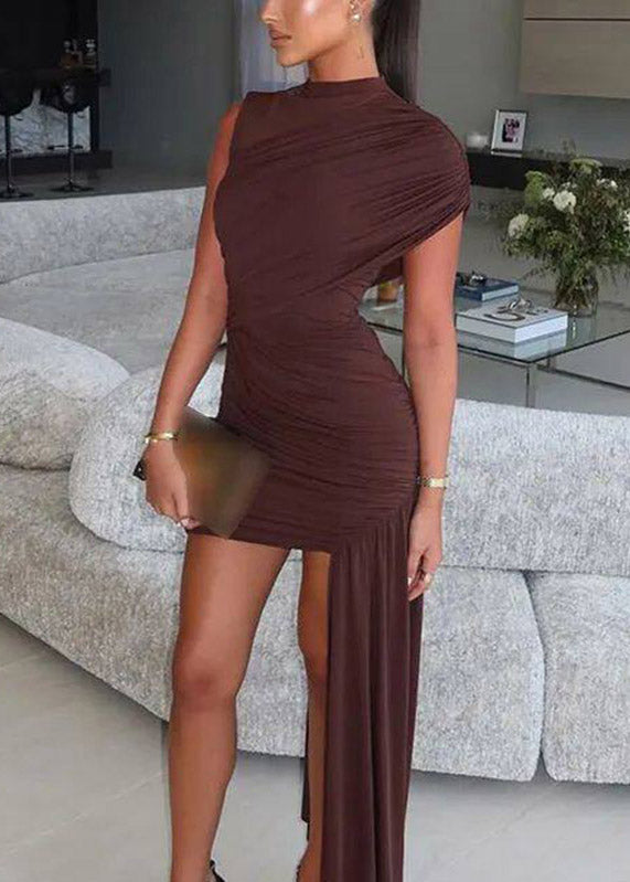 Coffee Wrinkled Patchwork Maxi Dress Short Sleeve