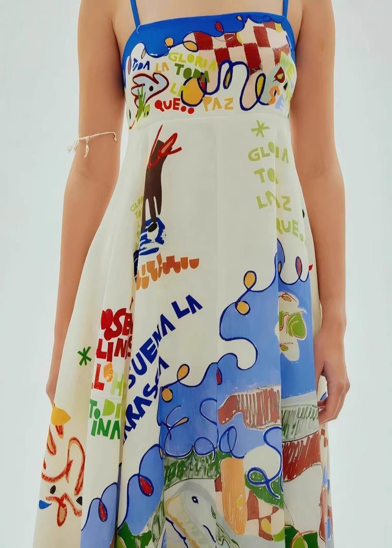 Blue Patchwork Maxi Spaghetti Strap Dresses Sleeveless