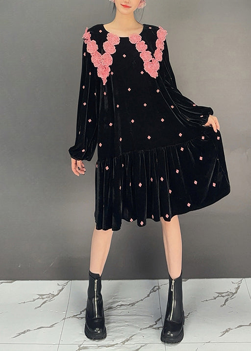 French Black Wrinkled Patchwork Jacquard Velour Dress Fall