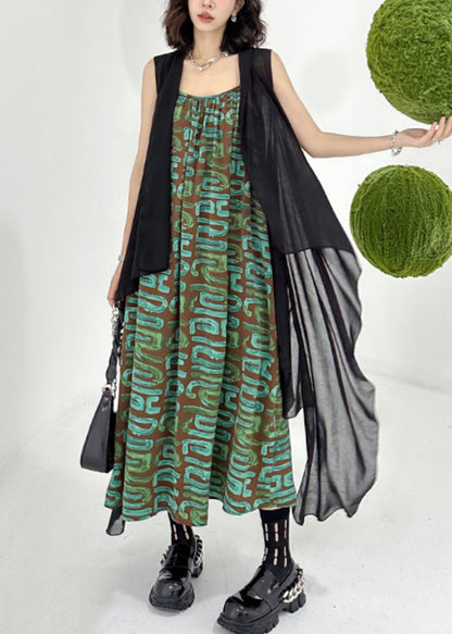 Black Waistcoat and Spaghetti Strap Dress Patchwork Chiffon Two Pieces Set Sleeveless