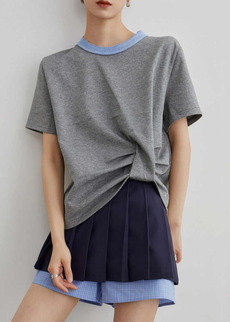 French Grey O-neck Patchwork T Shirts and Navy Pants Skirt Cotton Two Piece Set Summer