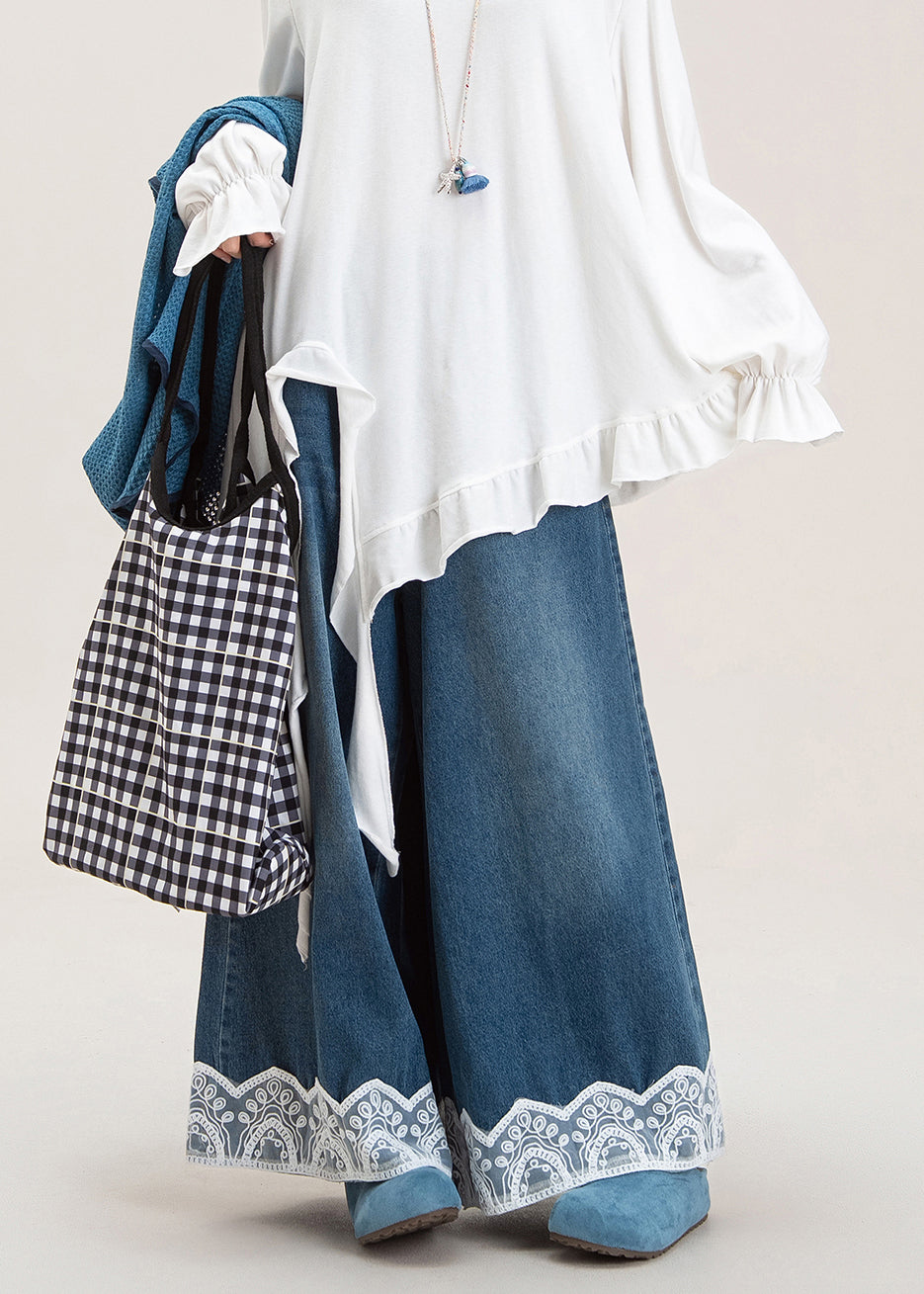 Blue Oversized Patchwork Lace Denim Wide Leg Pants Spring