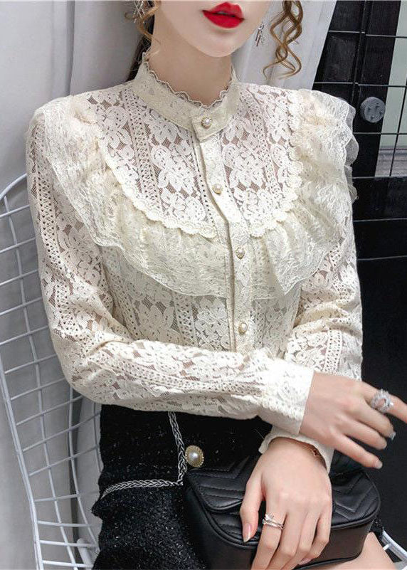 Modern Beige Hollow Out Patchwork Lace Top Long Sleeve