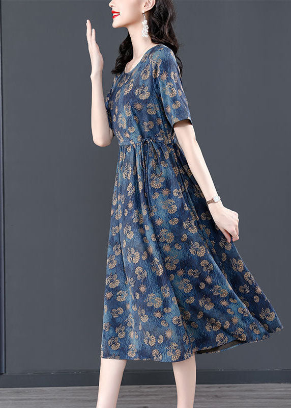 Navy Tie Waist Print Silk Robe Dresses Summer