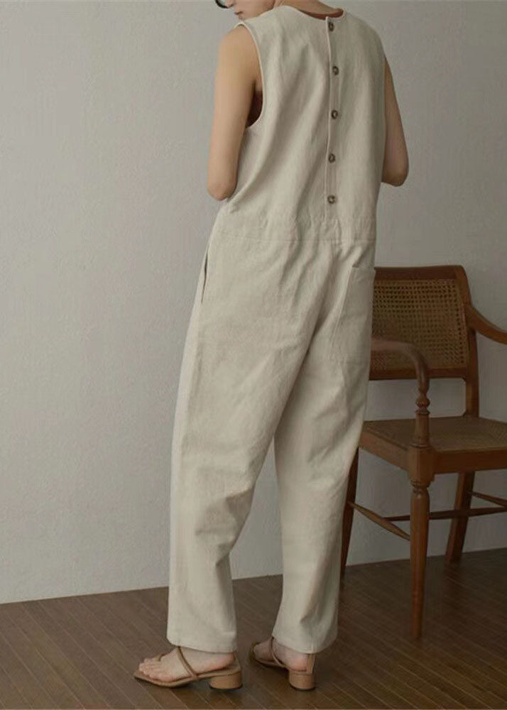 Apricot Pockets Patchwork Cotton Wide Leg Jumpsuits Sleeveless