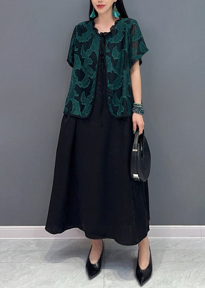 Handmade Green O-neck Print Fake Two Pieces Long Dress Summer