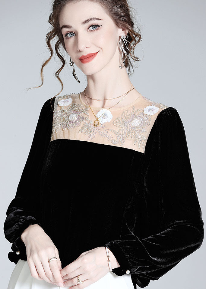 Italian Black O-neck Nail Bead Patchwork Silk Velour T Shirt Spring