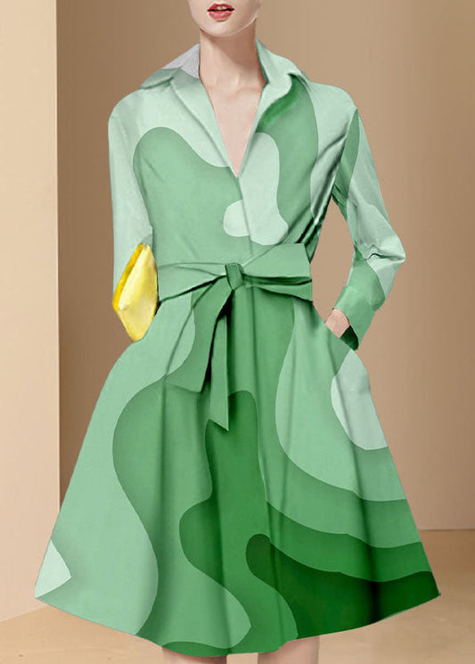 Italian Green Tie Waist Peter Pan Collar Print Shirt Dresses Long Sleeve