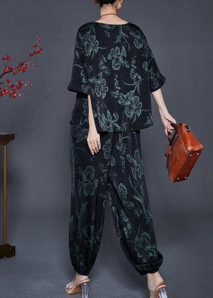 Black Oversized Lily Print Silk Two Pieces Set Summer