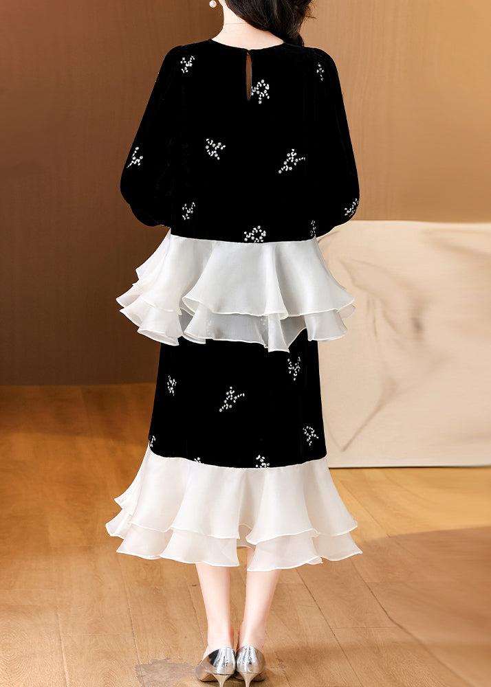 Black Embroidered Patchwork Silk Velvet Two-piece Set Spring