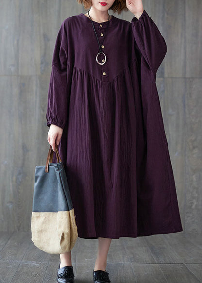 Purple Wrinkled Cotton Dresses Long Sleeve