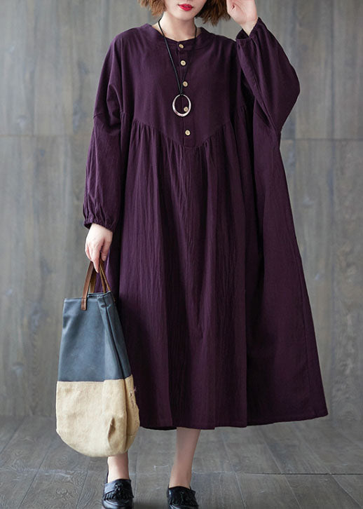 Purple Wrinkled Cotton Dresses Long Sleeve