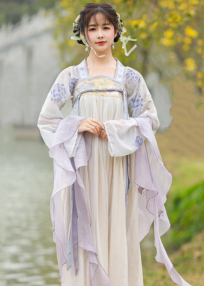 Purple Square Collar Embroideried Wrinkled Chiffon Two Piece Set Long Sleeve