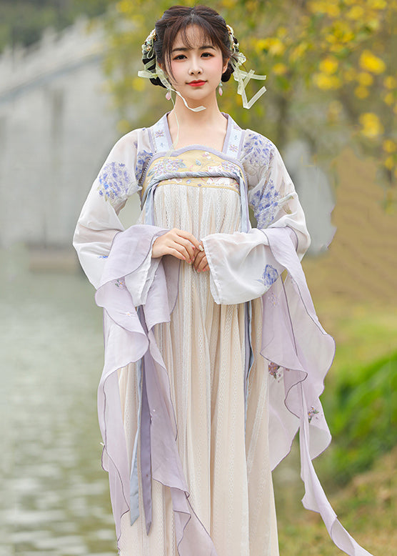 Purple Square Collar Embroideried Wrinkled Chiffon Two Piece Set Long Sleeve