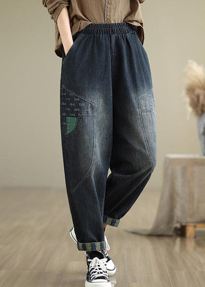 Navy Pockets Elastic Waist Denim Pants Fall