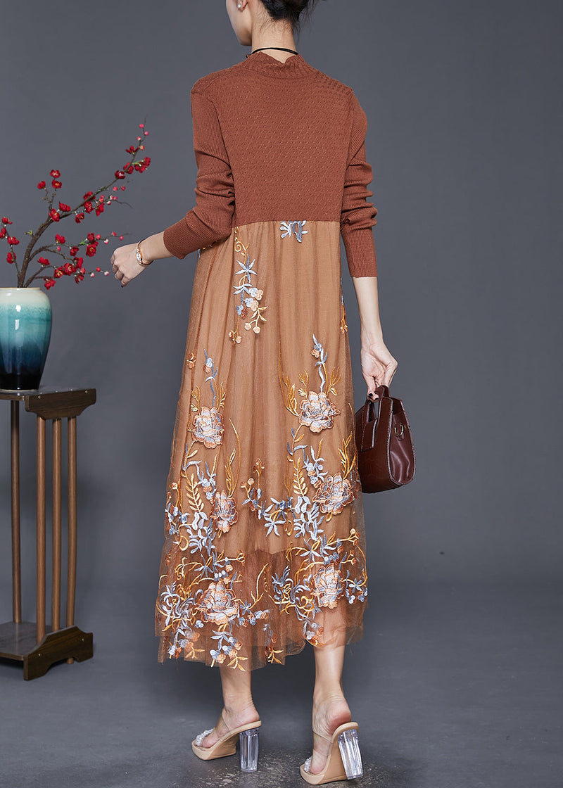 Fine Khaki Embroideried Patchwork Knit Dress Fall