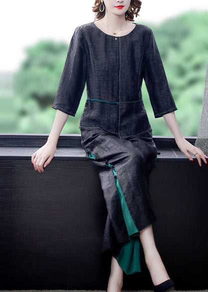 Black Asymmetrical Patchwork Wrinkled Silk Two Piece Suit Set Summer