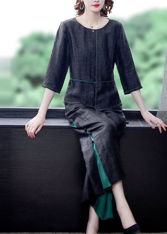 Black Asymmetrical Patchwork Wrinkled Silk Two Piece Suit Set Summer