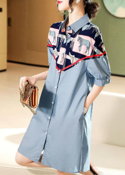 Style Blue Button Peter Pan Collar Print Patchwork Shirt Dresses Half Sleeve