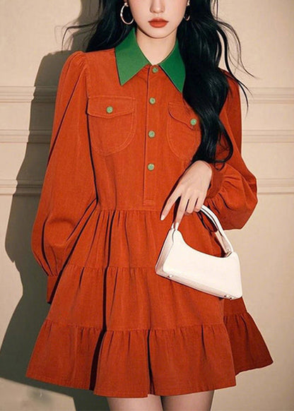 Loose Orange Peter Pan Collar Button Corduroy Shirts Dress Spring
