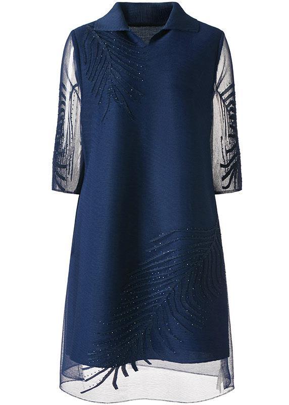 Navy Embroideried Peter Pan Collar Dress Summer