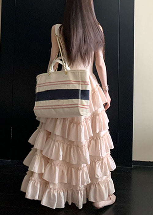 Pink V Neck Ruffled Lace Spaghetti Strap Dress Sleeveless