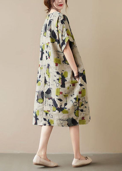 Classy Khaki Print O-neck Pockets Summer Maxi Dresses Half Sleeve