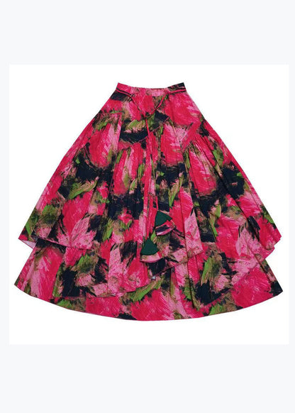 Red Asymmetrical Print Exra Large Hem Cotton Skirt Spring