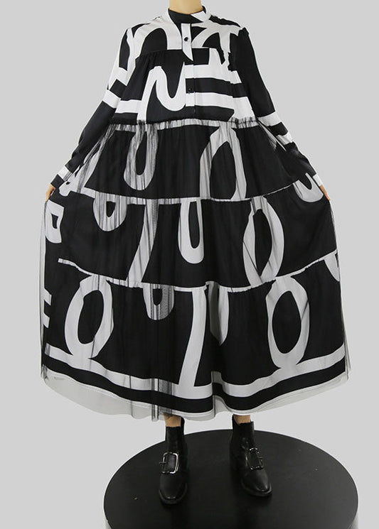 French Black Stand Collar Print Tulle Patchwork Vacation Dresses Spring