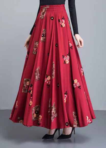 Loose Red Embroideried High Waist Patchwork Cotton Skirt Fall