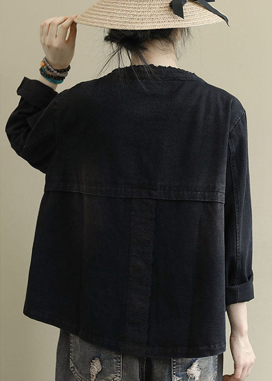 Black Button Embroidered Fall Denim Coat