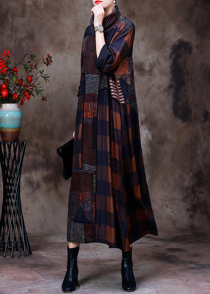 Chocolate Turtleneck Plaid Patchwork Velour Maxi Dress Long Sleeve