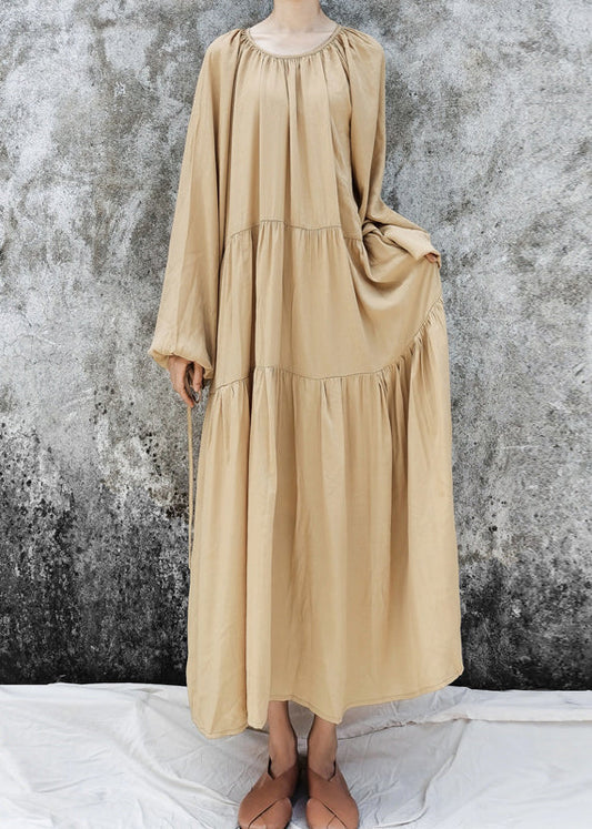 Khaki O-neck Patchwork Lazy Long Dresses Long Sleeve
