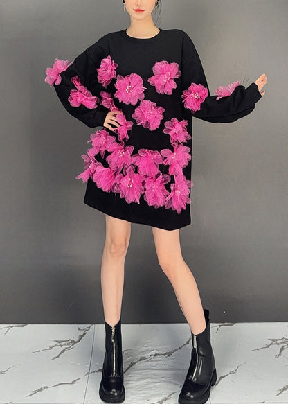 Black O Neck Patchwork Loose Cotton T Shirt Spring