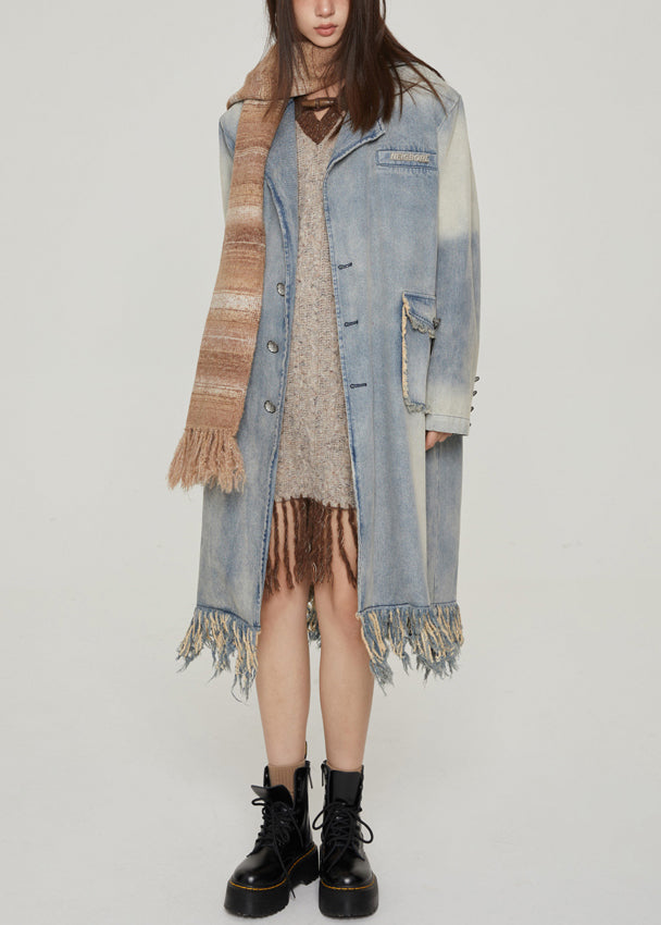 Blue Tasseled Pockets Patchwork Denim Long Coats Fall