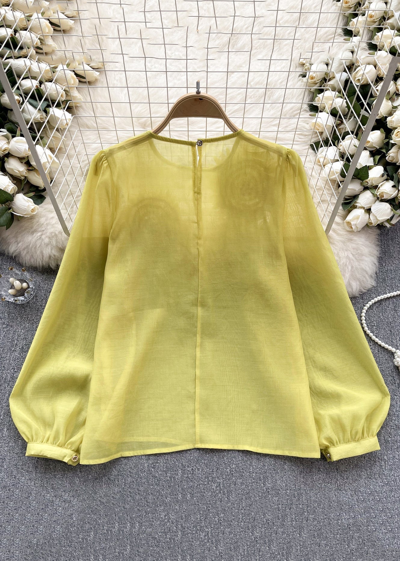 Yellow O Neck Chiffon Shirts Long Sleeve
