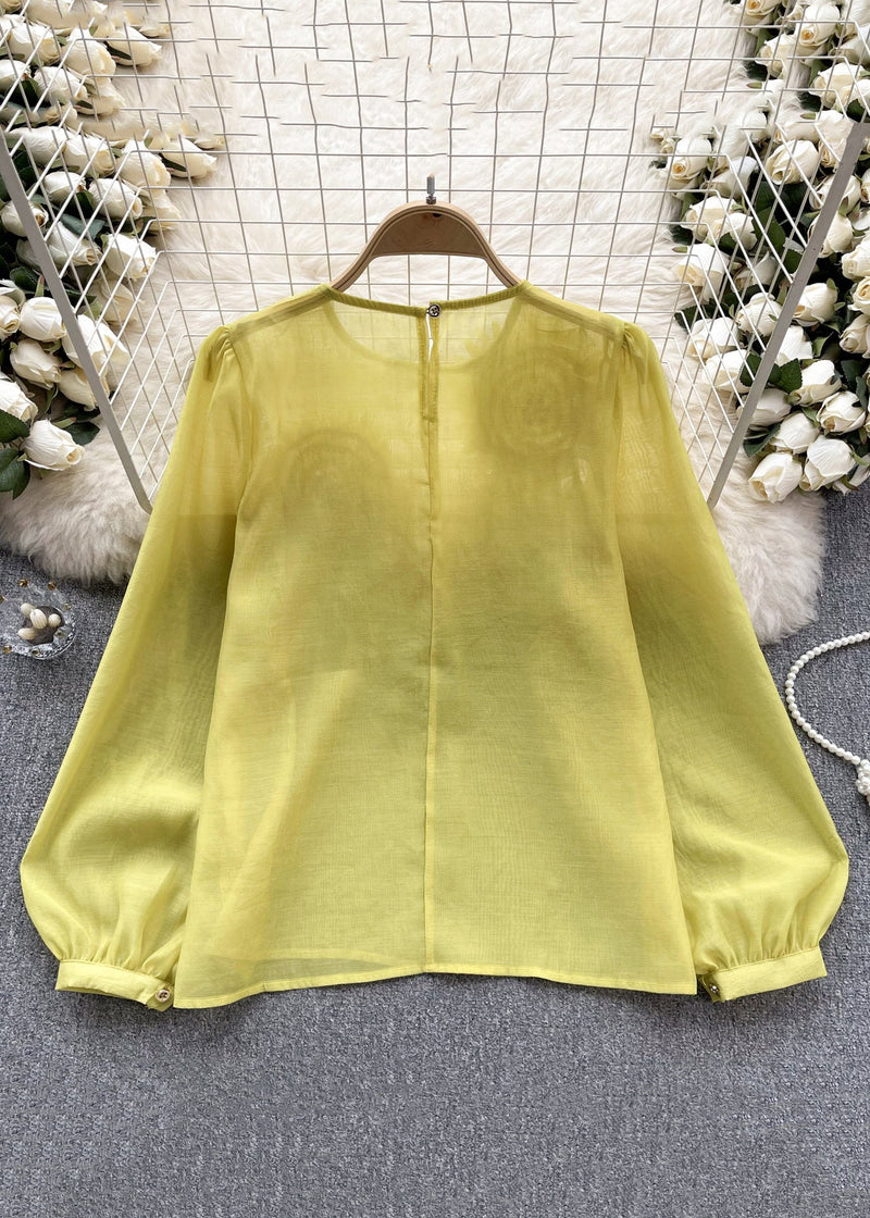 Yellow O Neck Chiffon Shirts Long Sleeve