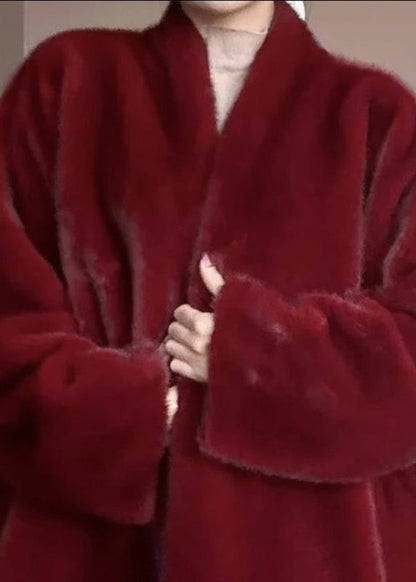 Red Warm Leather and Fur Coats V Neck Winter