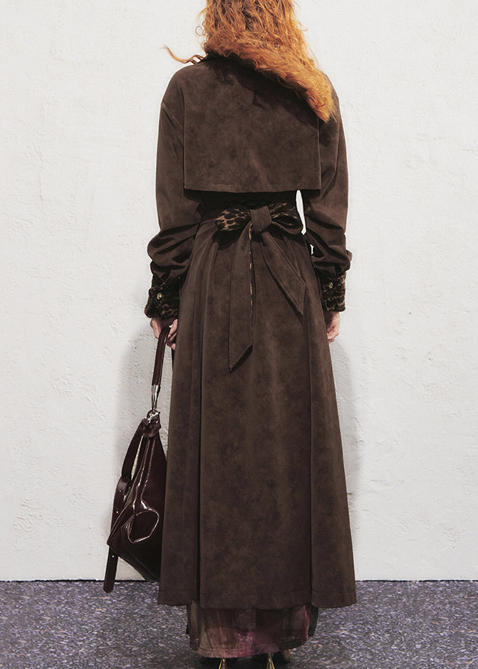 Chocolate Leopard Tie Waist Faux Suede Long?trench?coat Winter