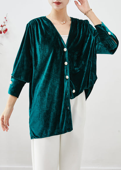 Peacock Green V Neck Silk Velour Blouses Fall