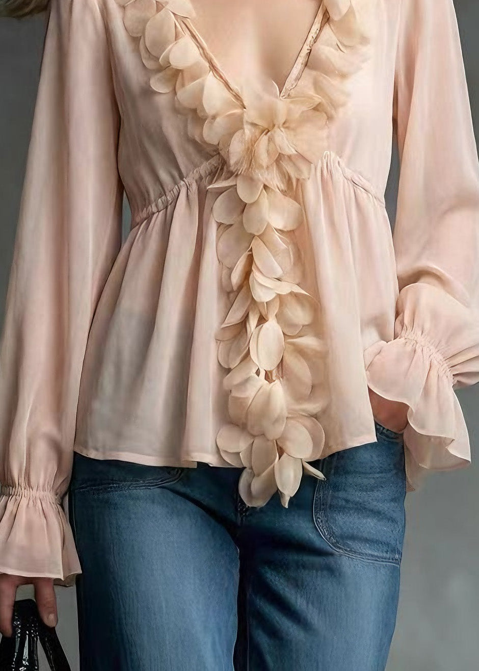 Art Pink V Neck Petal Chiffon Shirt Tops Spring