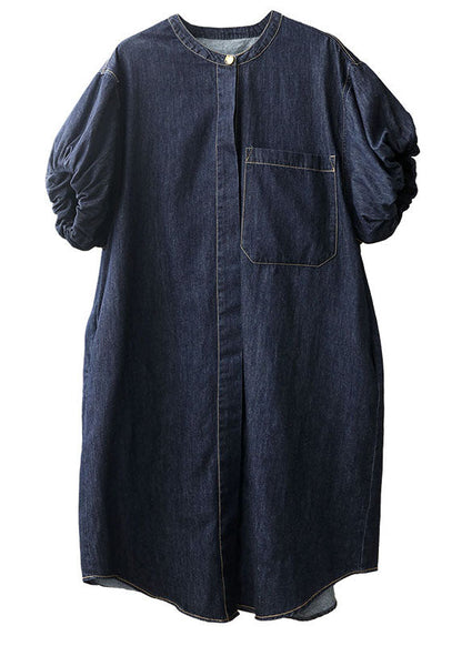 Denim Blue O-neck Pocket Color Cotton Holiday Dress Puff Sleeve