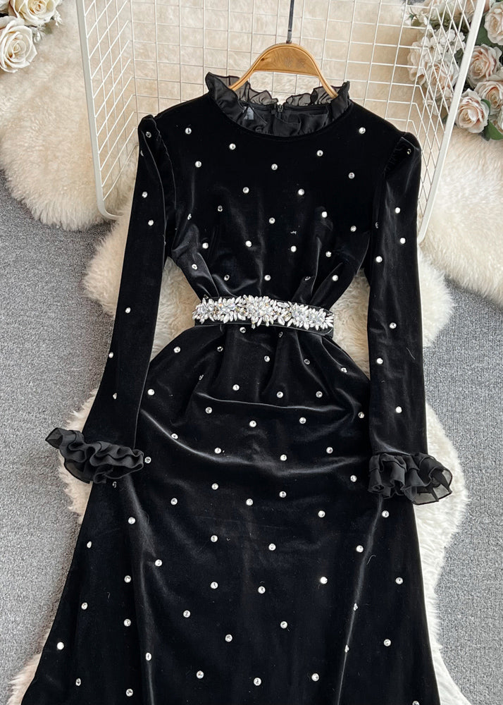 Black Ruffled Stand Collar Patchwork Zircon Flattering Silk Velour Long Dresses Winter