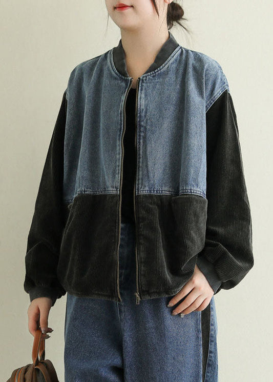 Black Pockets Corduroy Patchwork Denim Jackets Spring